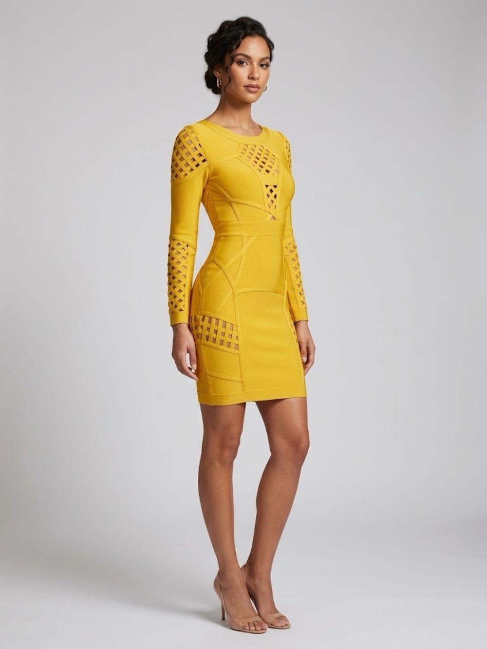 House of elegance- Mustard Yellow Long-Sleeve Cutout Bodycon Dress